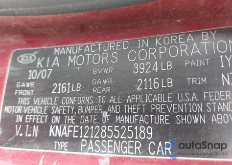 2008 Kia Spectra Ex z USA, uszkodzony, nr VIN KNAFE121285525189